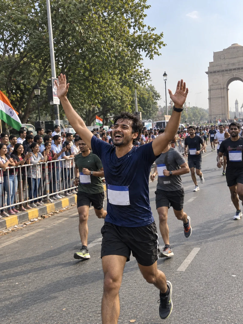 Young Indian runner celebrating at a road race
