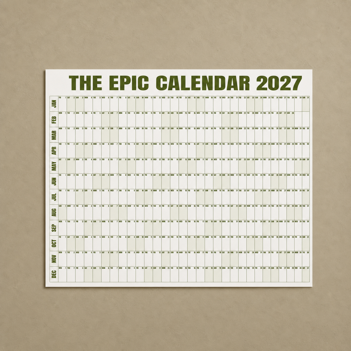 Shenzation EPIC Calendar 2027 in Olive Green, studio product view