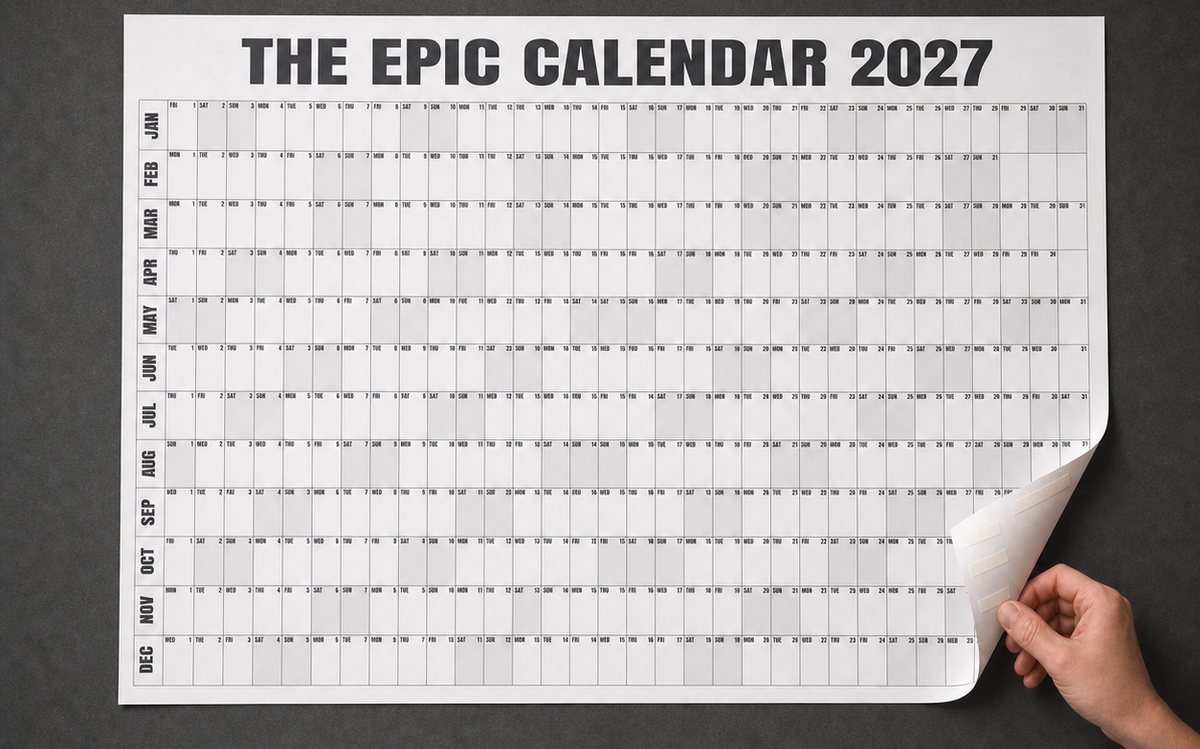 Corner of the EPIC Calendar folded naturally to show adhesive attached to the back