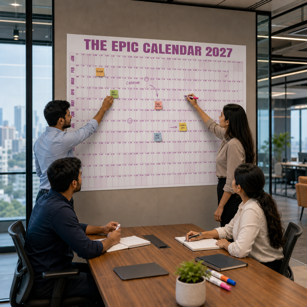 Shenzation EPIC Calendar 2027 in Rose used for a product launch meeting