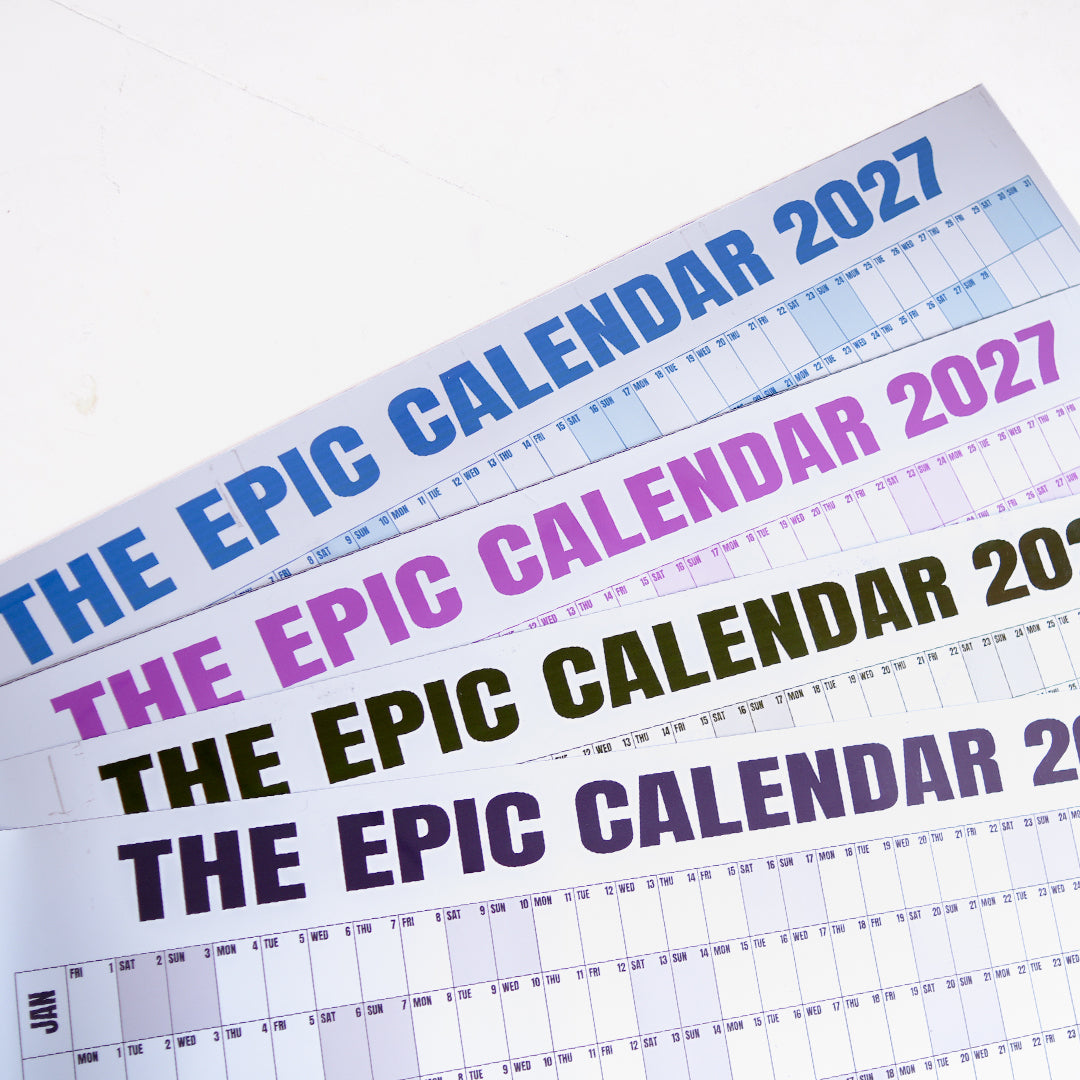 Blue, Rose, Olive Green and Grey EPIC Calendars arranged together