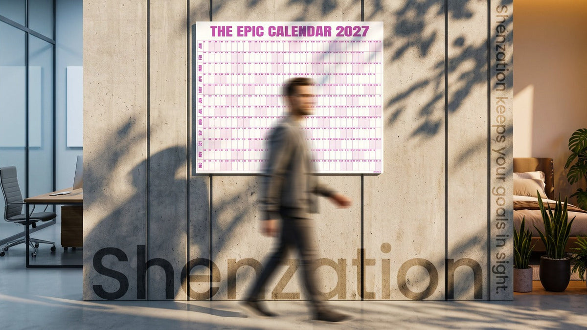 EPIC Calendar mounted on a wall with its 48 × 36-inch dimensions marked