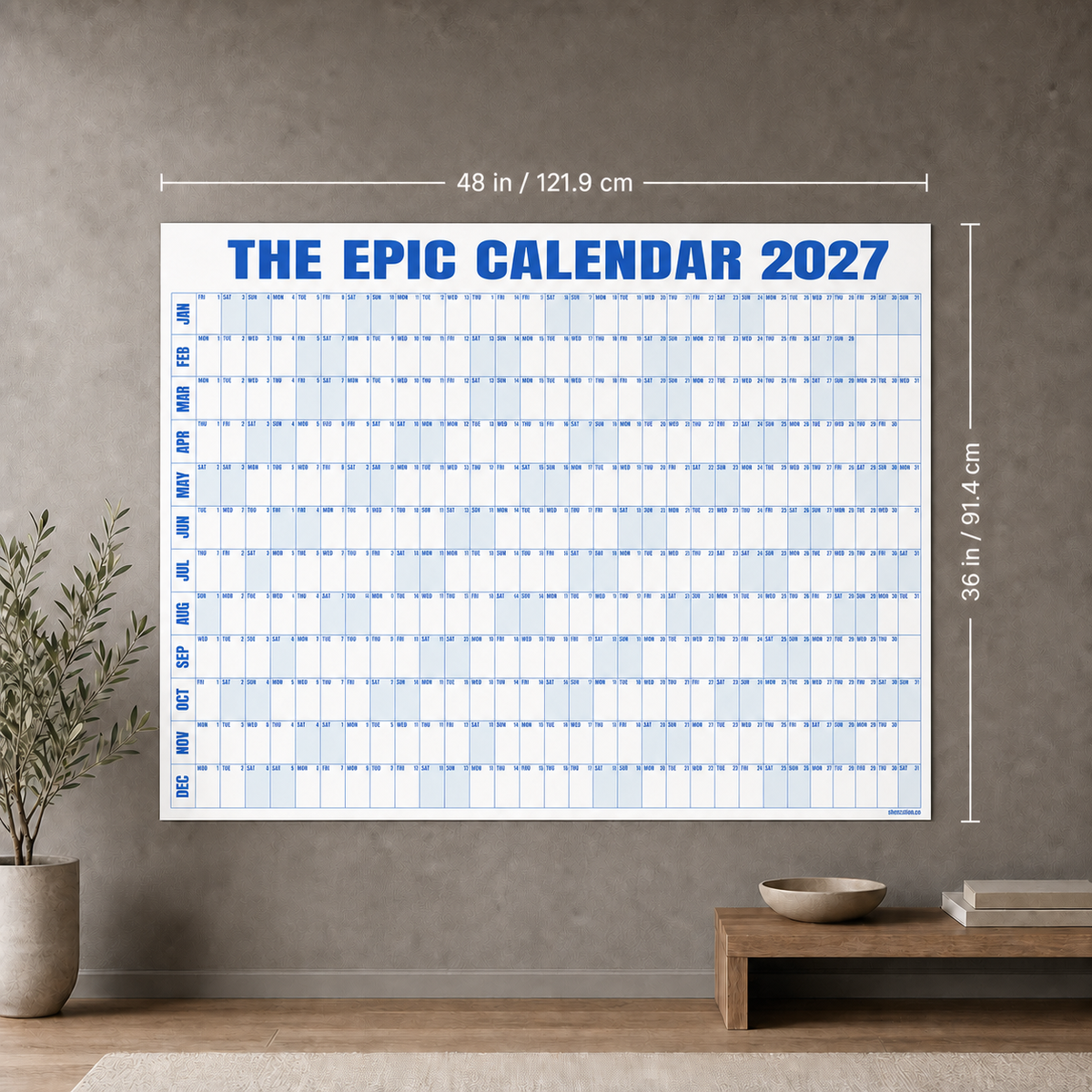 Shenzation EPIC Calendar 2027 size guide, 48 by 36 inches (121.9 by 91.4 cm)