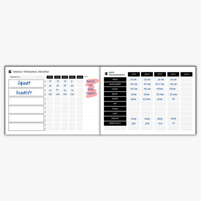 Filled Fitmaster personal records and body measurements spread