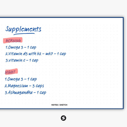 Example handwritten supplements list on a planner notes page