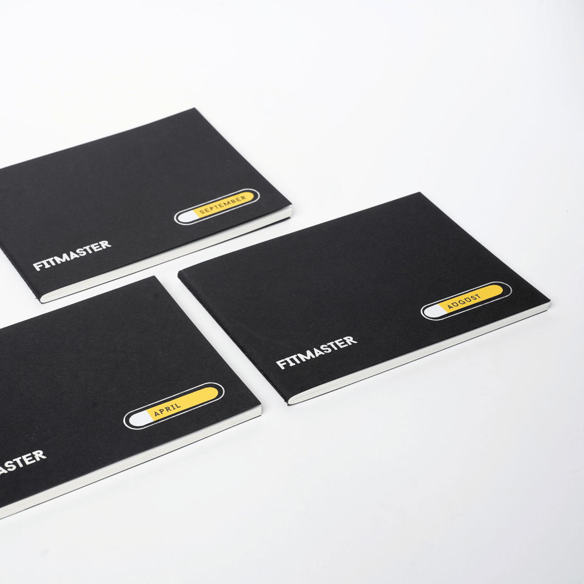 Three Fitmaster notebooks with month labels