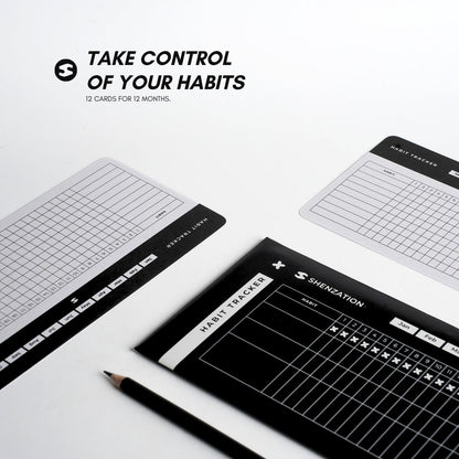 Black and white Habit Tracker Cards with a pencil