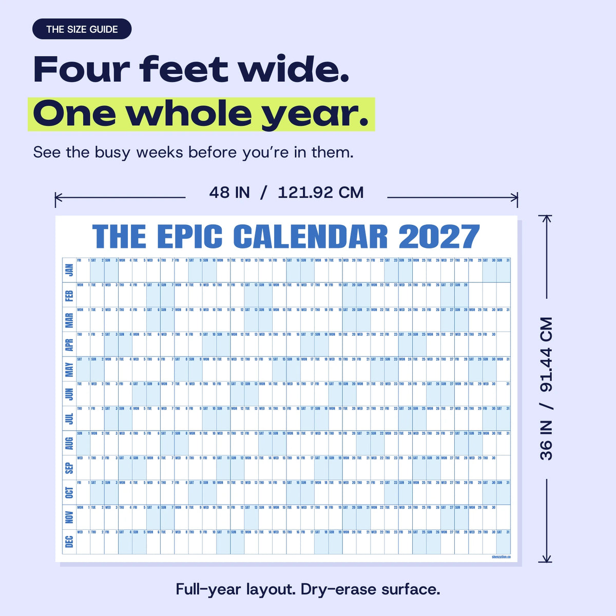 EPIC Calendar size guide — 48 × 36 inches (121.92 × 91.44 cm), exact 2027 print artwork