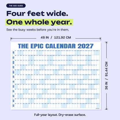 EPIC Calendar size guide — 48 × 36 inches (121.92 × 91.44 cm), exact 2027 print artwork