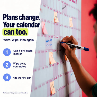 Write, wipe and plan again — dry-erase calendar guide. Markers and sticky notes not included.