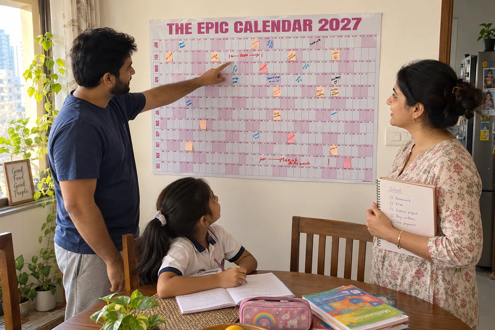 Illustrative Indian parents and child planning their year together