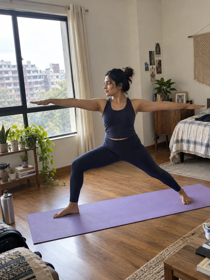 Young Indian woman practising yoga at home