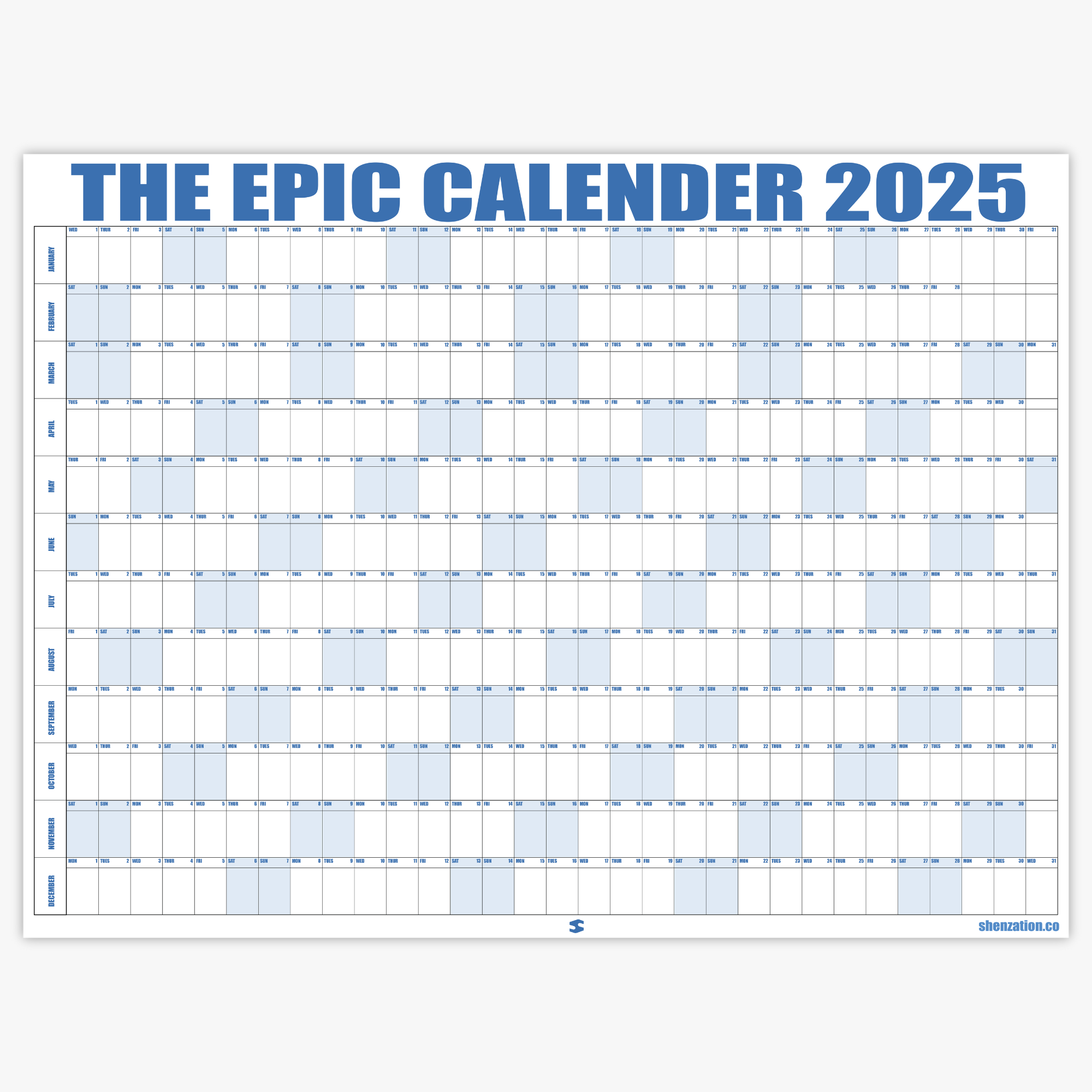 Oversized wall calendar year-at-a-glance studio view